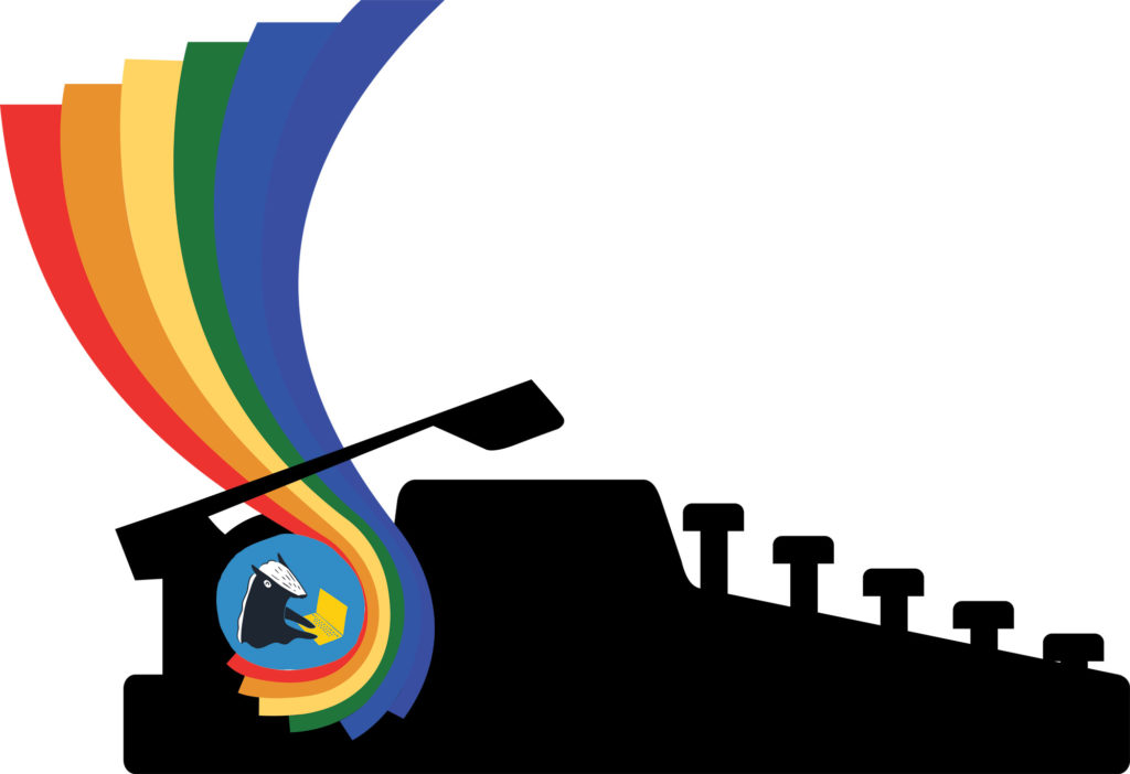 The silhouette of a typewriter with the pride rainbow emerging like a sheet of paper. The school's logo – a cartoon honey badger against a Prussian blue background – is on the typewriter knob. Original image by Lola Pankratova via Shutterstock