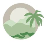 A grey circle logo with a white moon, a green palm tree, lighter green mountains and darker green waves