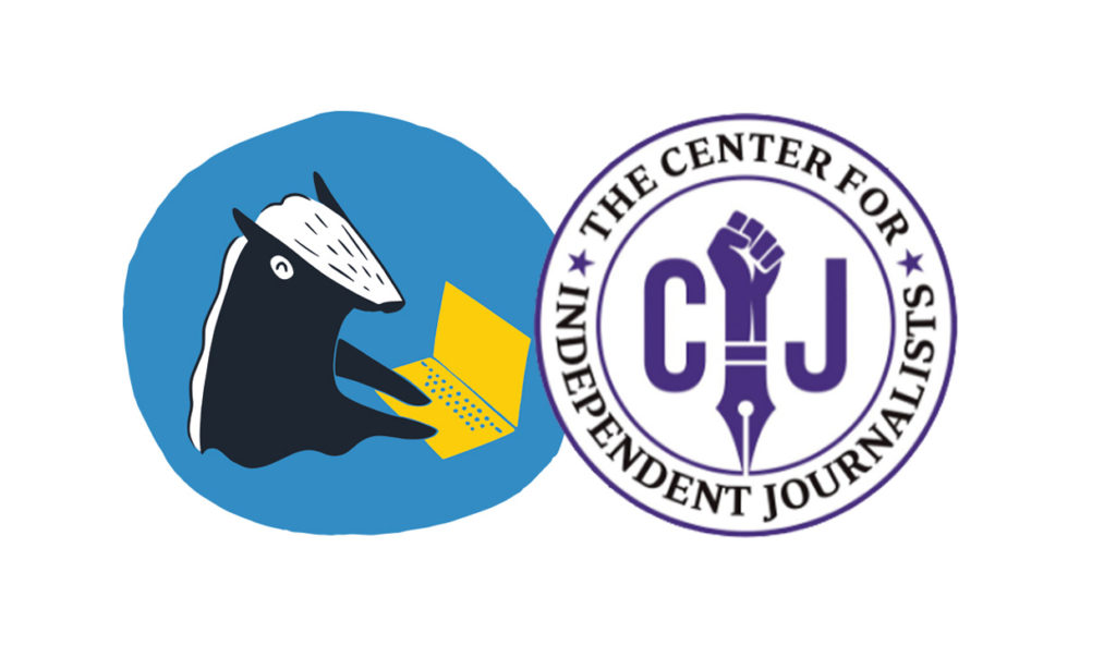The overlapping logos of Write Like a Honey Badger (cartoon badger typing against a Prussian blue background) and the Center for Independent Journalists (a circular design with a Black power fist replacing the "i" in the central CIJ)